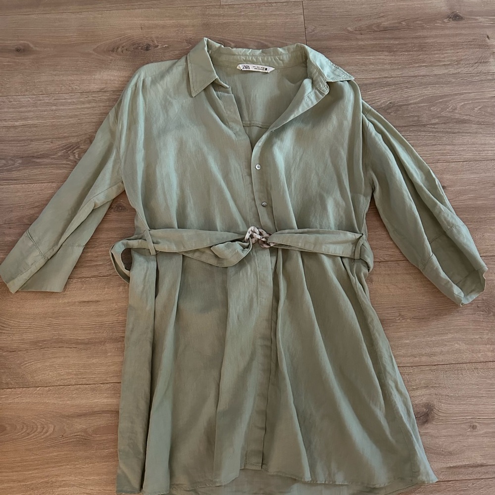 Zara Sage Green Belted Long Sleeve Shirt Dress - Picture 3 of 5